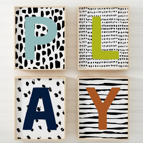 Play Letters Wall Art Set of Four Playroom Wall Decor Etsy