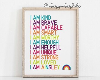 Kids Room Printable Art, Affirmations for Kids, Affirmation Art, Personalised Prints, I AM Affirmations, Custom Name Wall Art, Kids Poster