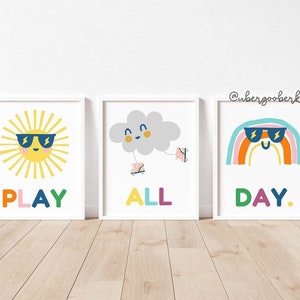 Let's Play All Day Wall Art, Set of Three, Playroom Posters, Daycare Wall Prints, Playroom, Digital Download, Printable, Classroom Art, Kids