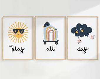 Playroom Wall Art Set of 3, Nursery Posters, Toddler Wall Art, Classroom Posters, Kids Decor, Lets Just Play, Bundle, Nursery Prints, School