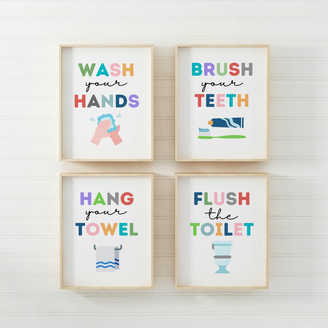 Kids Bathroom Art Set, Bathroom Wall Prints, Set of 4, Wash Your Hands ...