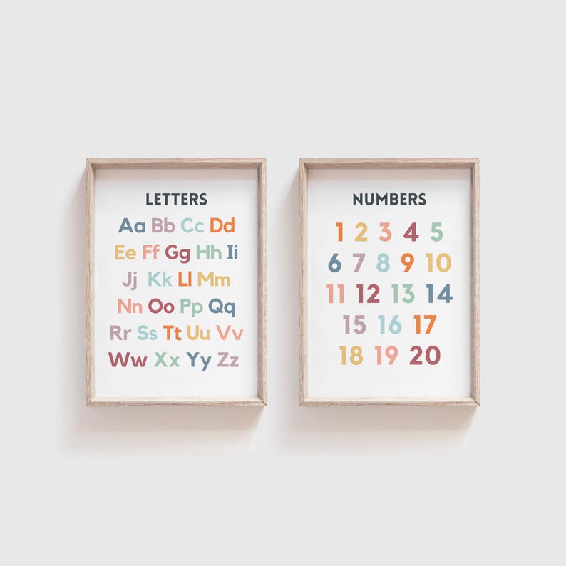 May include: Two framed prints with a white background. The print on the left has the word "LETTERS" at the top and lists the alphabet in lowercase letters with each letter in a different color. The print on the right has the word "NUMBERS" at the top and lists the numbers 1 through 20 in a column, with each number in a different color.