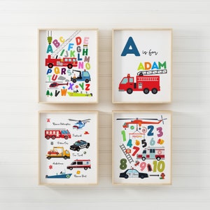 Rescue Vehicles Wall Art, Emergency Vehicles, ABC and Numbers, Toddler Wall Art, Transportation Prints, Kids Wall Decor, Trucks Wall Art