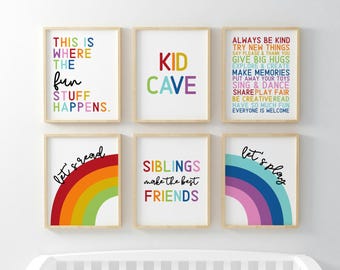 Playroom Wall Art Prints: Rainbow Decor, Kids Cave (Digital Files)