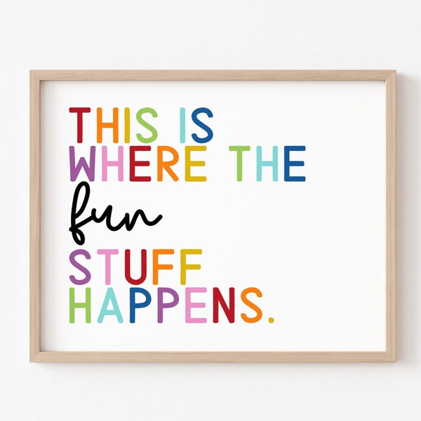 Arte de pared "Donde suceden las cosas divertidas", póster para sala de juegos, decoración para sala de juegos, guardería, arte para sala de juegos, descarga digital, imprimible, arte para habitación infantil.