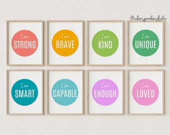 Playroom Wall Art Set, Positive Affirmations For Kids, Playroom Decor, Motivational Poster, Homeschool Decor, You Are Affirmations, Set of 8