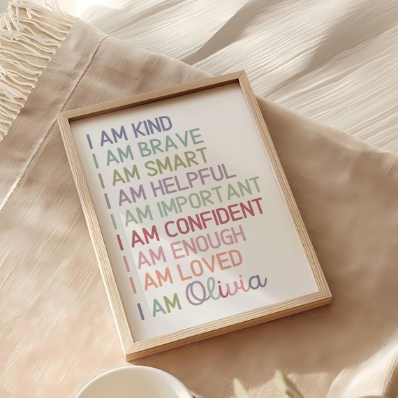 Girls Bedroom Sign, Custom Name Poster, Rainbow Affirmations, Toddler Sign, I am Affirmations, Kind Strong Brave, Playroom Art, Printable