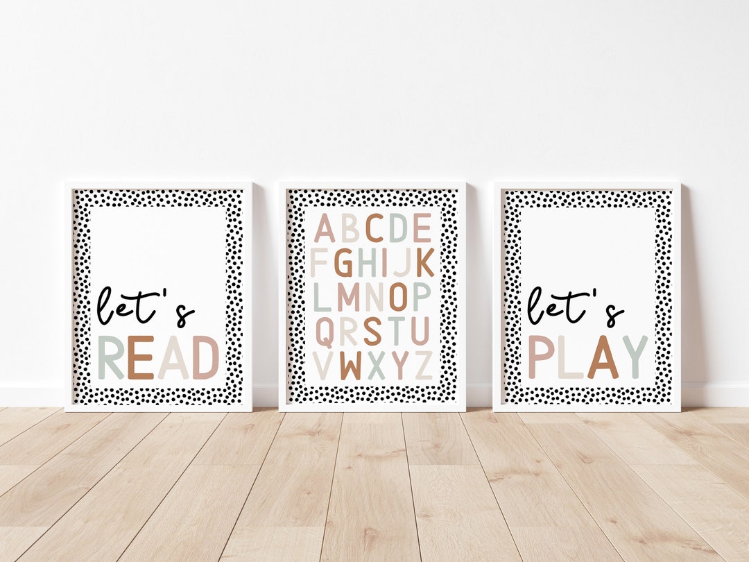 Let's Read Let's Play Wall Art, Set of Three, Classroom Art, ABC Poster