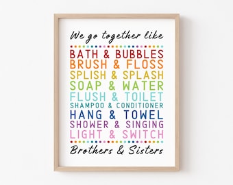 Bathroom Sibling Print, Kids Bathroom Decor, Brother and Sister, Gender Neutral, Rainbow, Shared Bathroom Art, Childs Room Decor, Printable