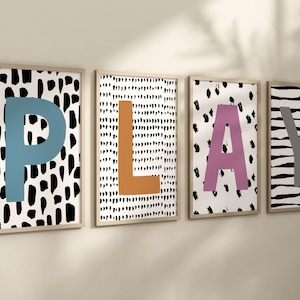 Arte de parede com letras de brincadeira, conjunto de quatro, decoração de parede para sala de jogos, impressões para sala de jogos, arte de parede para sala de jogos, decoração para sala de jogos, para impressão, download digital
