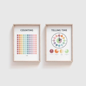 May include: Two printable educational posters, one for counting and one for telling time. The counting poster features a colorful grid of numbers 1-100. The telling time poster features a clock face with a colorful design and a visual representation of quarter past, half past, and quarter to.