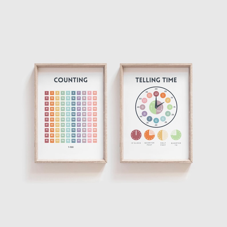 May include: Two printable educational posters, one for counting and one for telling time. The counting poster features a colorful grid of numbers 1-100. The telling time poster features a clock face with a colorful design and a visual representation of quarter past, half past, and quarter to.