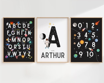 Decoración de habitaciones infantiles, láminas espaciales, arte para dormitorio infantil, decoración de guarderías espaciales, alfabeto y números espaciales, pósteres espaciales, nombre personalizado