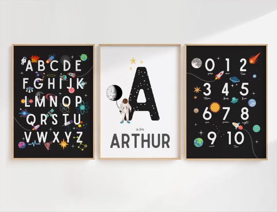 Kids Space Room Decor, Space Prints, Kids Bedroom Art, Space Nursery Decor, Space Alphabet and Numbers, Space Poster Set, Personalized Name