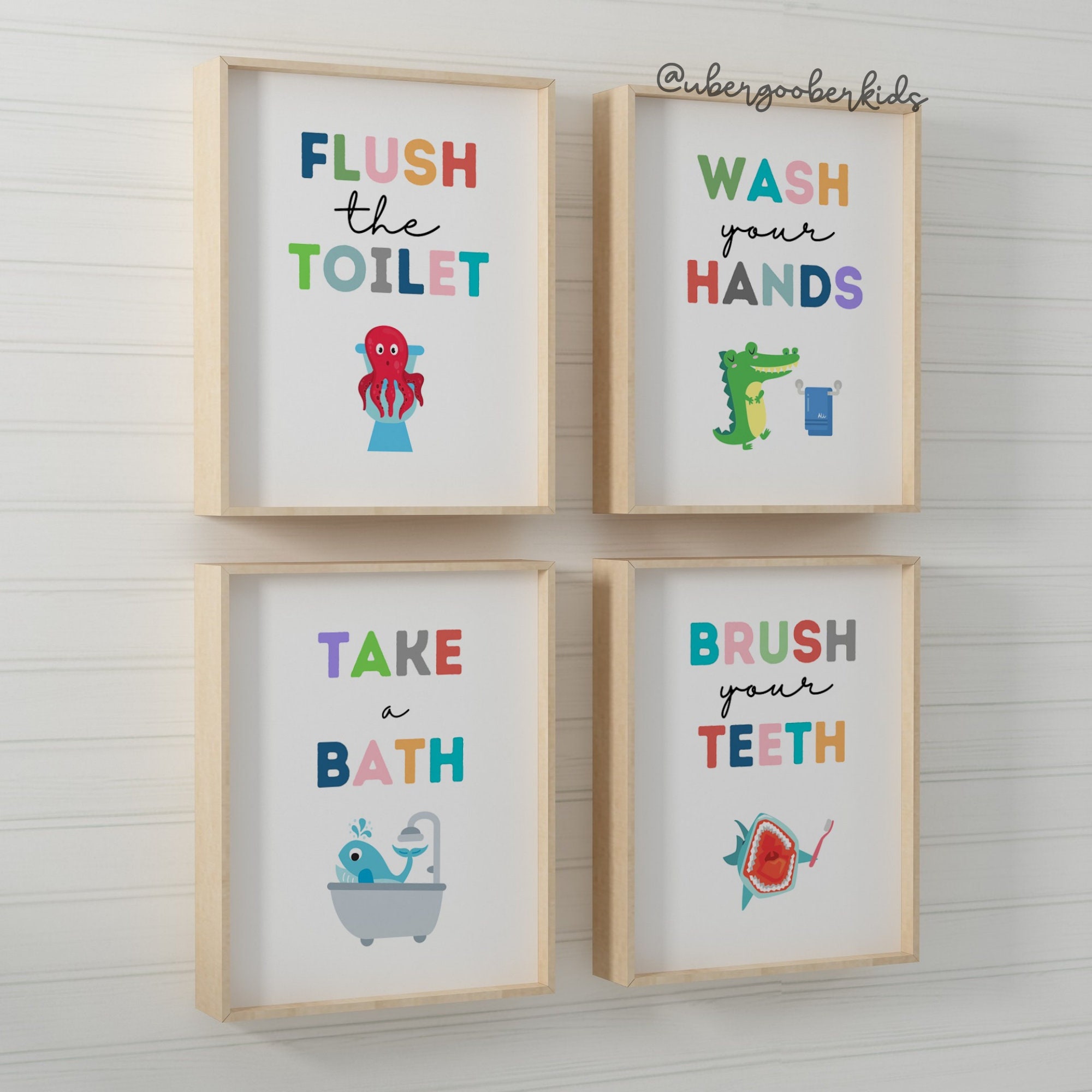 Kids Bathroom Art Set, Bathroom Wall Prints, Set of 4, Wash Your Hands ...