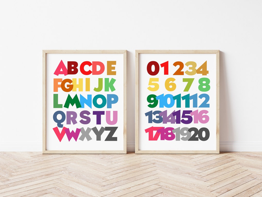 Alphabet and Numbers Set, Kids Wall Print, Classroom Posters, Rainbow ...