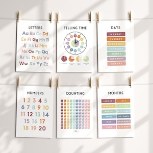 May include: Set of six colorful educational posters for children. The posters feature alphabet letters, numbers, days of the week, months of the year, counting, and telling time.
