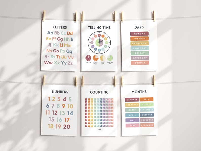 May include: Set of six colorful educational posters for children. The posters feature alphabet letters, numbers, days of the week, months of the year, counting, and telling time.