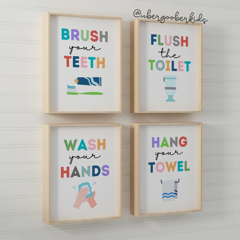 Kids Bathroom Art Set, Bathroom Wall Prints, Set of 4, Wash Your Hands ...