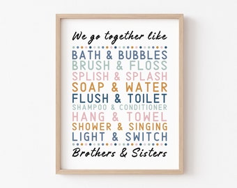Bathroom Sibling Print, Kids Bathroom Decor, Brother and Sister, Gender Neutral, Shared Bathroom Art, Childs Room Decor, Printable