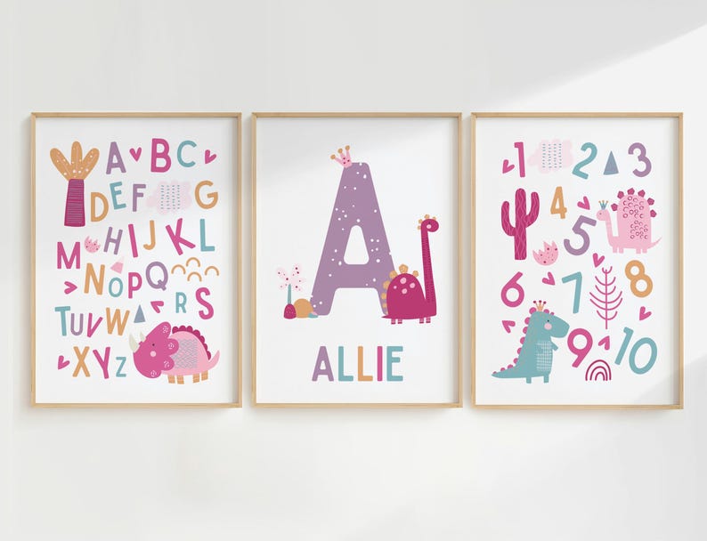 Dinosaur Wall Art, Dino Name Print, Dinosaur Theme Nursery, Baby Name Print, Personalized Name, Nursery Prints, Kids Decor, Toddler, Custom Pink/Purple