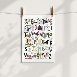 May include: A colorful alphabet poster with Halloween-themed illustrations for each letter.  The poster features a variety of spooky characters, including a vampire, a ghost, a witch, a spider, a bat, a pumpkin, and a skull.  The text on the poster reads "A is for Arachnid, B is for Bat, C is for Cauldron, D is for Dracula, E is for Eyeball, F is for Frankenstein, G is for Ghost, H is for Haunted House, I is for Invisible, J is for Jack-o'-Lantern, K is for Kitten, L is for Lemons, M is for Monster, N is for Night, O is for October, P is for Potion, Q is for Queen, R is for Raven, S is for Spider Web, T is for Trick or Treat, U is for Undead, V is for Vampire, W is for Werewolf, X is for X-Ray, Y is for Yummy Candy, Z is for Zombie."