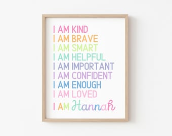 Kids Room Printable Art, Girls Pastel Affirmations, Affirmation Art, Personalized Prints, I AM Affirmations, Custom Name Wall Art, Kids Gift