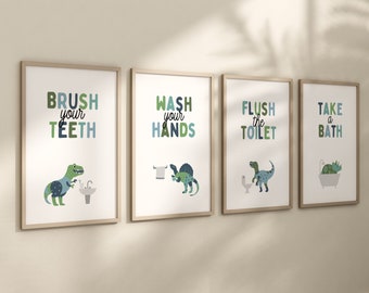 Kids Dinosaur Bathroom Art Set, Bathroom Wall Prints, Set of 4, Wash Your Hands, Brush Your Teeth, Kids Bathroom Decor, Children Wall Art