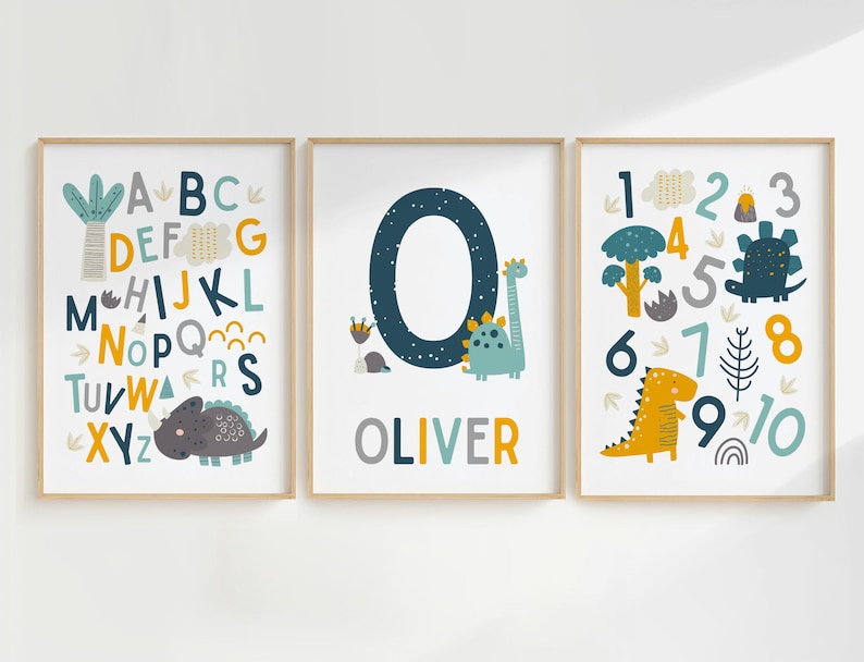 Dinosaur Wall Art, Dino Name Print, Dinosaur Theme Nursery, Baby Name Print, Personalized Name, Nursery Prints, Kids Decor, Toddler, Custom Blue/Green