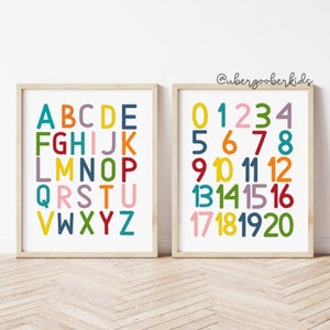 Playroom Wall Art Set, Set of Two, Educational Prints, Classroom Posters, Home School Learning, Kids Wall Decor, Alphabet, Numbers, Rainbow