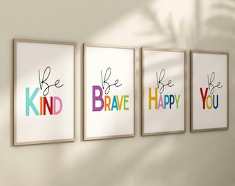 Kids Affirmations, Set of 4, Be You, Be Brave, Be Kind, Be Happy, Kids Wall Decor, Printable Wall Art, Digital Download, Motivational