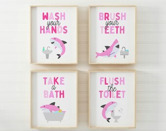 Láminas artísticas para baño de tiburón rosa: decoración para habitación de niña, juego de 4, libre de impuestos