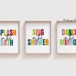 Kids Bathroom Art Set, Bathroom Wall Prints, Set of 3, Girls Room Decor, Splash Sing Dance, Bathroom Decor, Children's Bathroom Wall Art