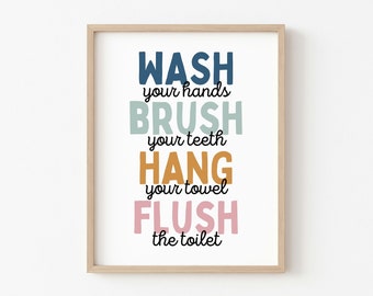 Kids Bathroom Rules Art Print: Wash Brush Hang Flush (Digital Download)