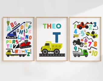 Playroom Wall Art Set of 3, Nursery Posters, Toddler Wall Art, Nursery Wall Art, Kids Decor, Construction Trucks Art, Nursery Prints
