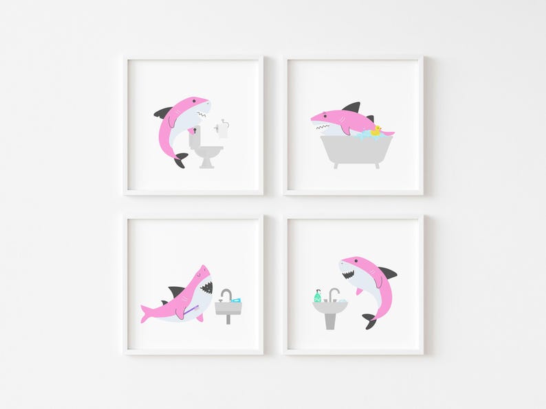 May include: Set of four pink shark bathroom illustrations. Each illustration features a pink shark in a different bathroom setting: brushing teeth, taking a bath, using the toilet, and washing hands.