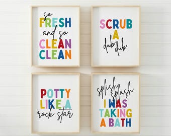 Kids Bathroom Art Set, Bathroom Wall Prints, Set of 4, Splish Splash, Scrub a Dub Dub, Kids Bathroom Decor, Children&#39;s Bathroom Wall Art