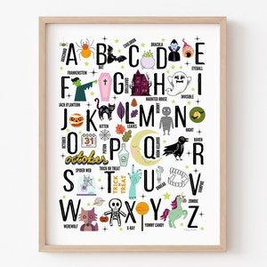 Peut inclure: Une affiche alphabet color&eacute;e avec des illustrations et des mots sur le th&egrave;me d'Halloween. Chaque lettre est associ&eacute;e &agrave; un mot li&eacute; &agrave; Halloween, comme "chauve-souris", "chaudron", "dracula", "globe oculaire", "frankenstein", "fant&ocirc;me", "maison hant&eacute;e", "invisible", "citrouille", "chaton", "feuilles", "momie", "nuit", "octobre", "citrouille", "corbeau", "toile d'araign&eacute;e", "des bonbons ou un sort", "vampire", "loup-garou", "rayons X", "bonbons d&eacute;licieux", et "zombie".