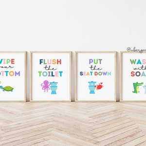 Sea Animals Bathroom Set, Bathroom Wall Prints, Set of 4, Wipe Your Bum, Flush The Toilet, Kids Bathroom Decor, Children's Bathroom Wall Art image 6