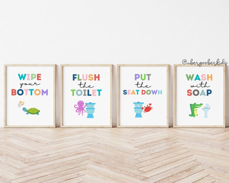 Sea Animals Bathroom Set, Bathroom Wall Prints, Set of 4, Wipe Your Bum, Flush The Toilet, Kids Bathroom Decor, Children's Bathroom Wall Art image 6