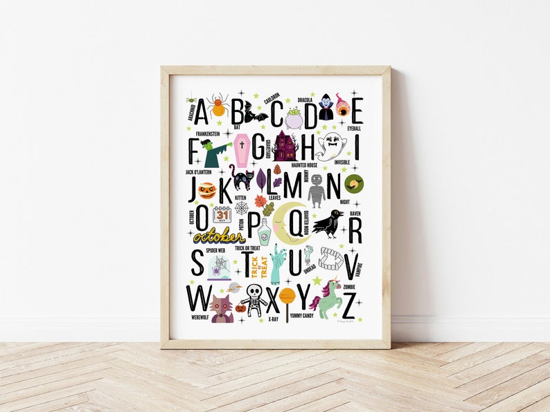 May include: A colorful alphabet poster with Halloween-themed illustrations and words. Each letter of the alphabet is paired with a Halloween-related word, such as "bat", "ghost", "pumpkin", and "witch".