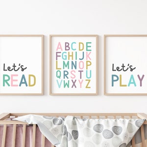 Let's Read Let's Play Wall Art, Set of Three, Classroom Art, ABC Poster, Playroom Wall Art, Playroom Posters, Classroom Art, Kids Wall Decor