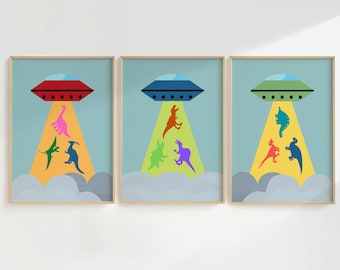 UFO Dinosaur Abduction Print Set: Retro Kids Wall Art, DUTY FREE