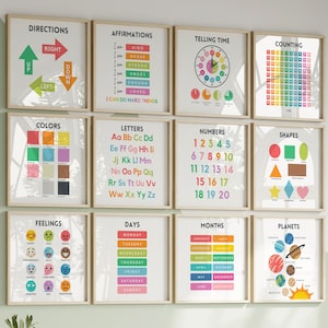 Set of 12 Educational Wall Prints, Montessori Classroom Decor, Homeschool Prints, Rainbow Alphabet Printable Chart, Kids Playroom Wall Decor