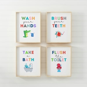 Kids Bathroom Art Set, Bathroom Wall Prints, Set of 4, Wash Your Hands, Brush Your Teeth, Kids Bathroom Decor, Children's Bathroom Wall Art