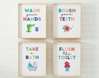 Kids Bathroom Art Set, Bathroom Wall Prints, Set of 4, Wash Your Hands, Brush Your Teeth, Kids Bathroom Decor, Children's Bathroom Wall Art