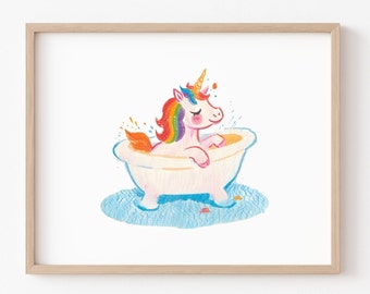 Unicorn Bathtub Print: Rainbow Kids Bathroom Wall Art,
