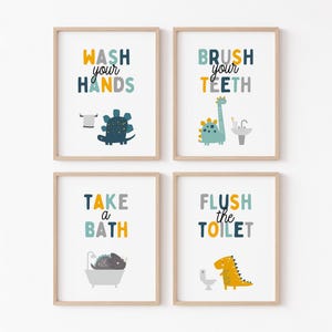 Kids Dinosaur Bathroom Art Set, Bathroom Wall Prints, Set of 4, Wash Your Hands, Brush Your Teeth, Kids Bathroom Decor, Children Wall Art