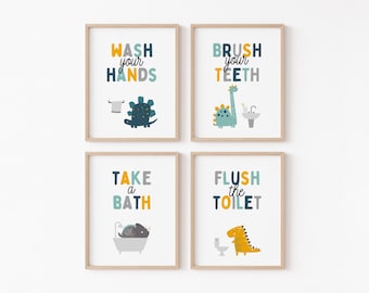 Kids Dinosaur Bathroom Art Set, Bathroom Wall Prints, Set of 4, Wash Your Hands, Brush Your Teeth, Kids Bathroom Decor, Children Wall Art