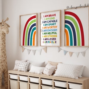 Kids Room Printable Art, Affirmations for Kids, Personalised Prints, I AM Affirmation Rainbow Set, Custom Name Wall Art, Kids Poster Digital